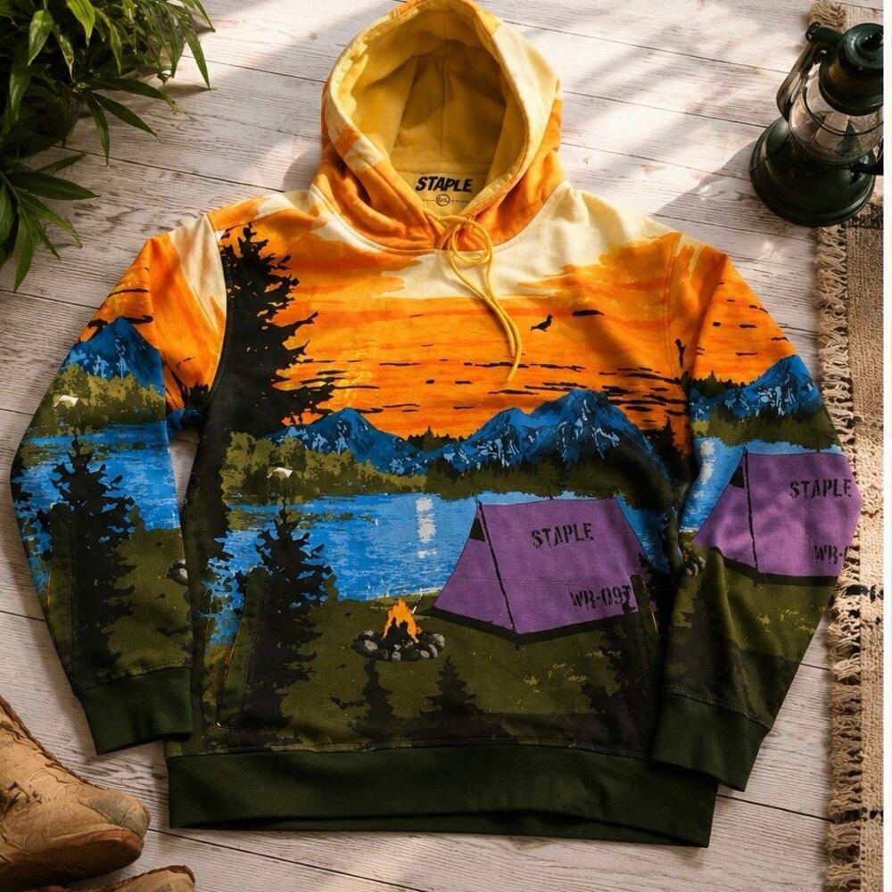 Staple Camping Landscape Hoodie 2XL Graphic Campfire Mountain Streetwear